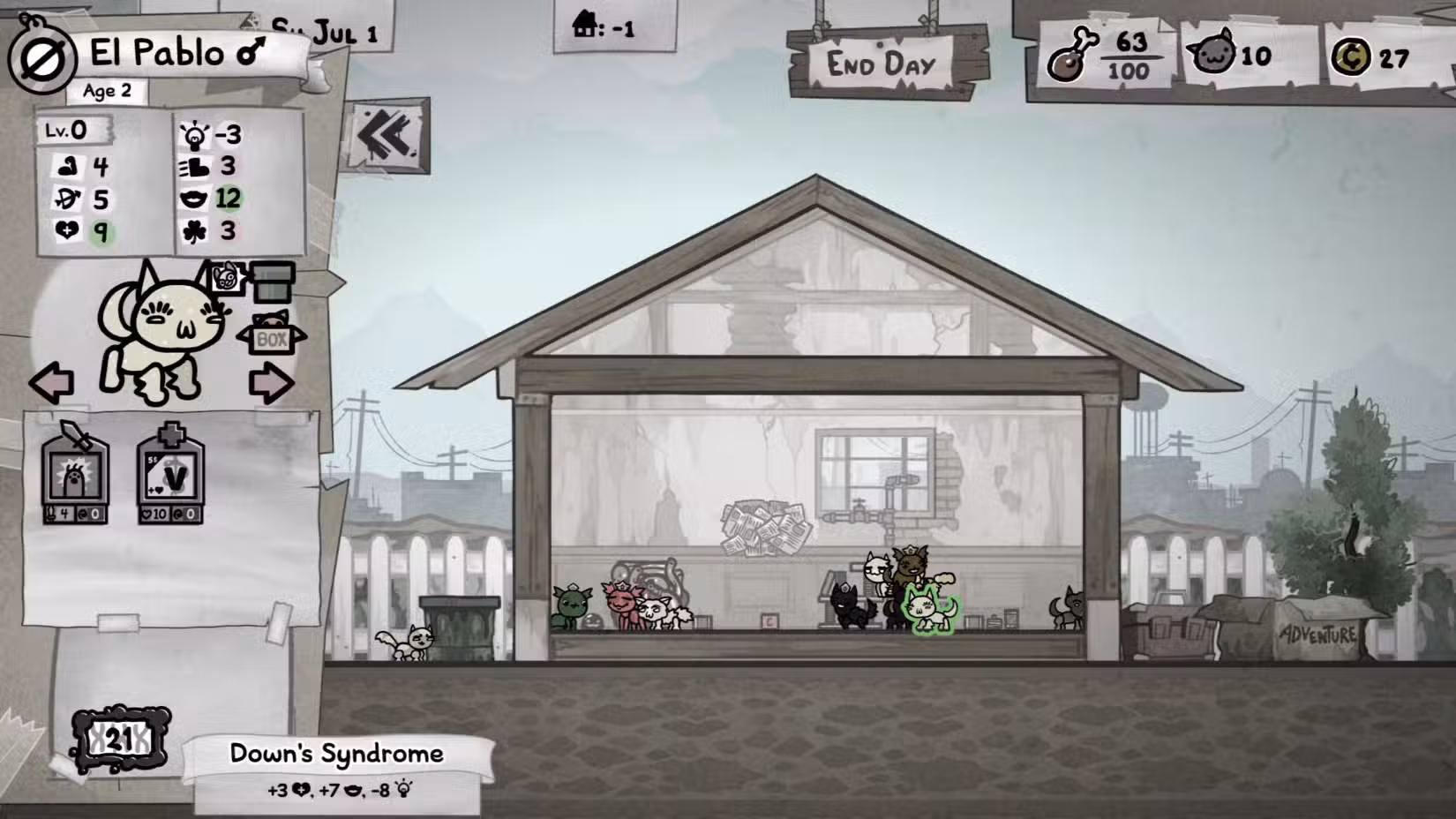 Casa Mewgenics cheia de gatos, um deles é destacado e mostra ter o traço Síndrome de Down