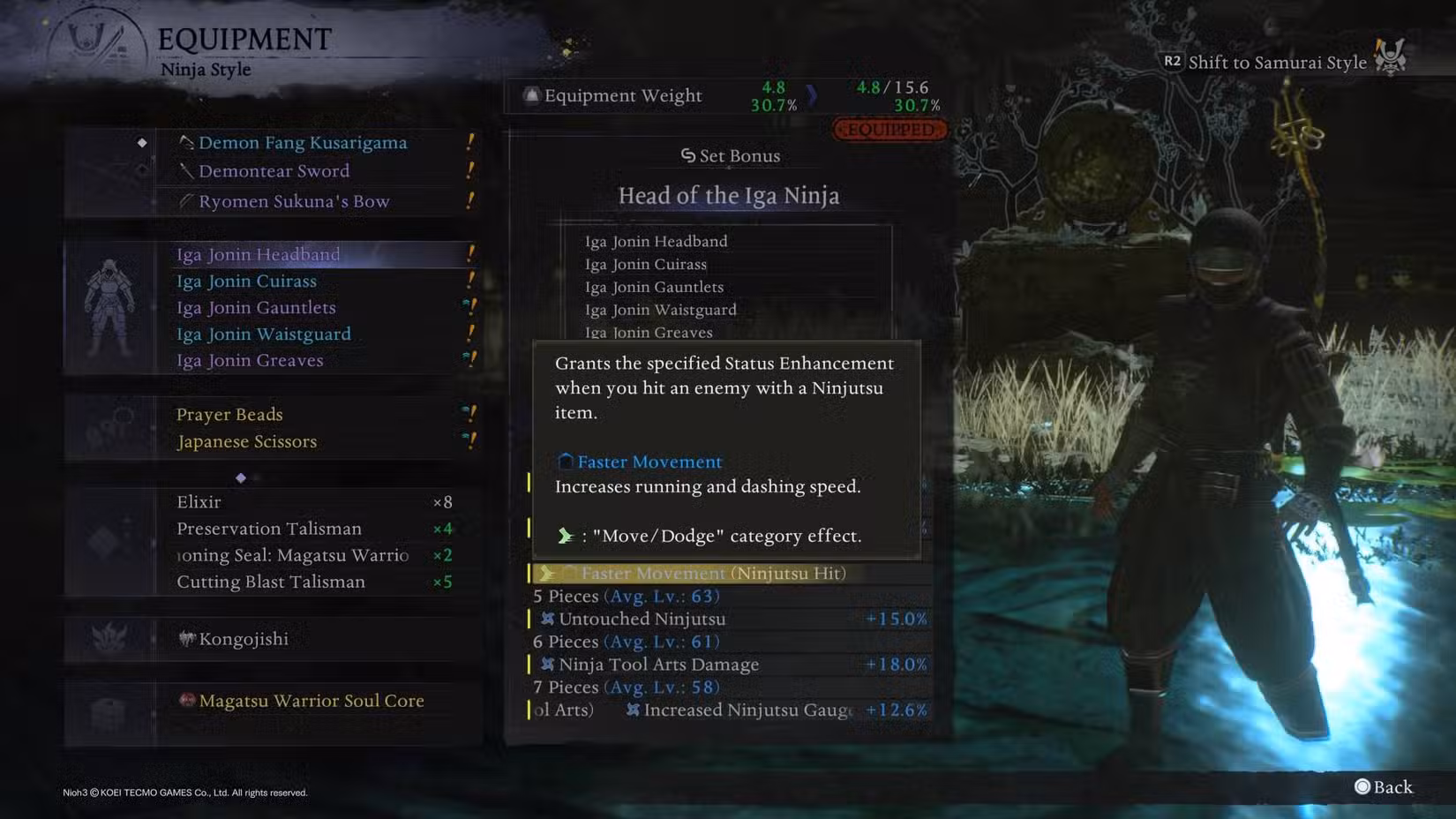 O menu de equipamento em Nioh 3 com a dica aberta descrevendo o que um dos bônus do conjunto Iga Ninja faz.