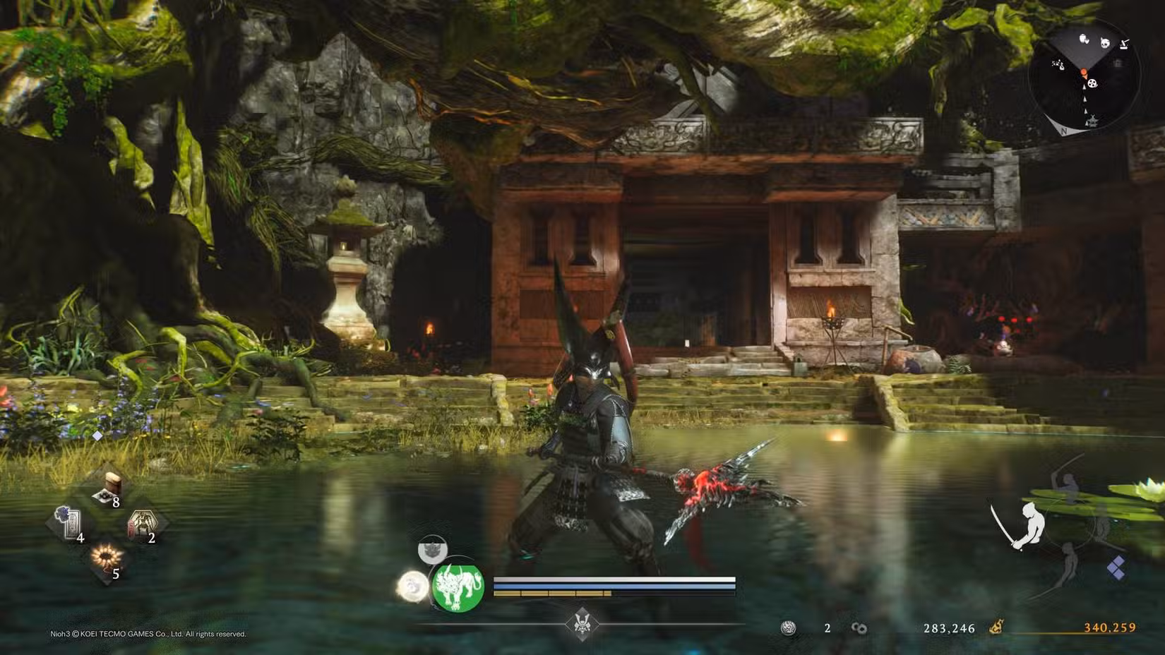 O jogador em Nioh 3 empunhando uma lança.