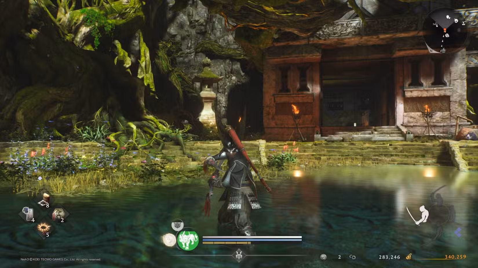 O jogador em Nioh 3 empunhando as Espadas Duplas.