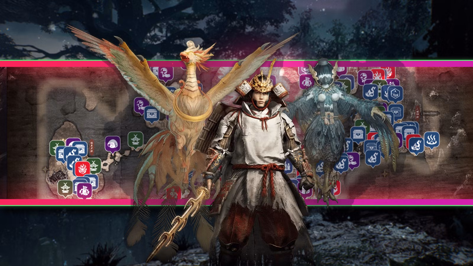 Um samurai está com um pássaro enorme em frente a um mapa de Nioh 3