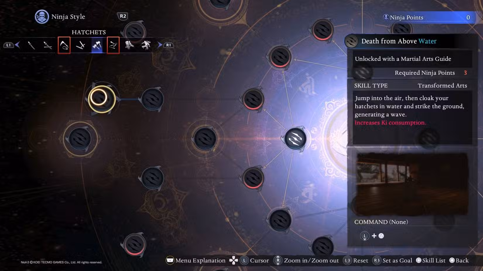 A arte marcial Death From Above Water destacada no menu de Nioh 3.