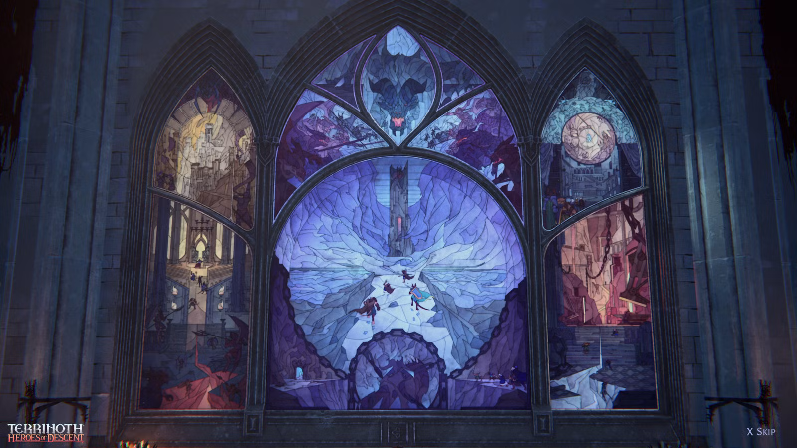 Um painel de vitral mostra aventureiros lutando contra criaturas parecidas com dragões e se aproximando de uma torre escura em Terrinoth: Heroes of Descent 