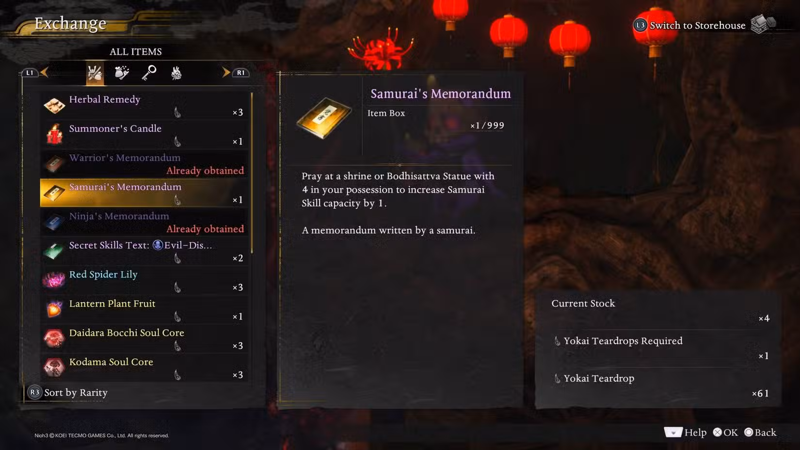 O cardápio com o comerciante Sudama em Nioh 3 para comprar memorandos.