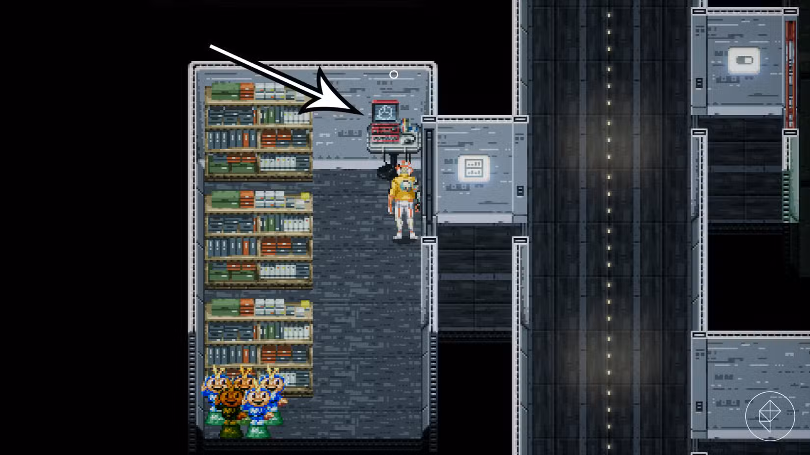 Uma seta aponta para a loja em Romeo Is A Dead Man.