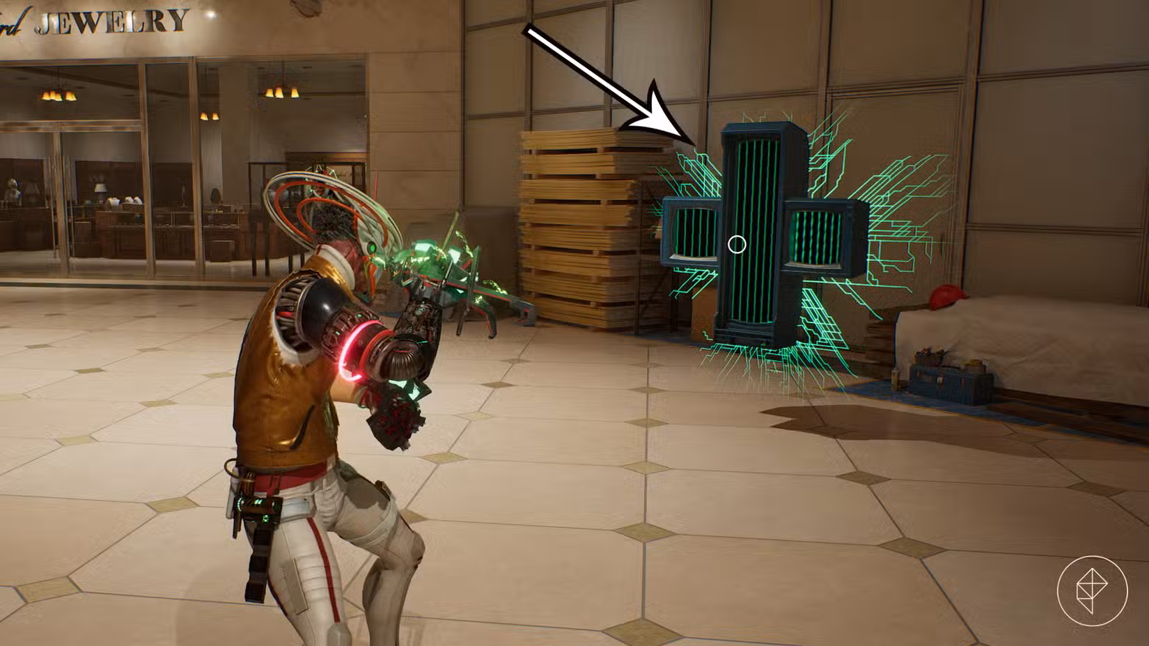 Uma seta aponta para uma Farmácia Espaço-Tempo em Romeo Is A Dead Man.