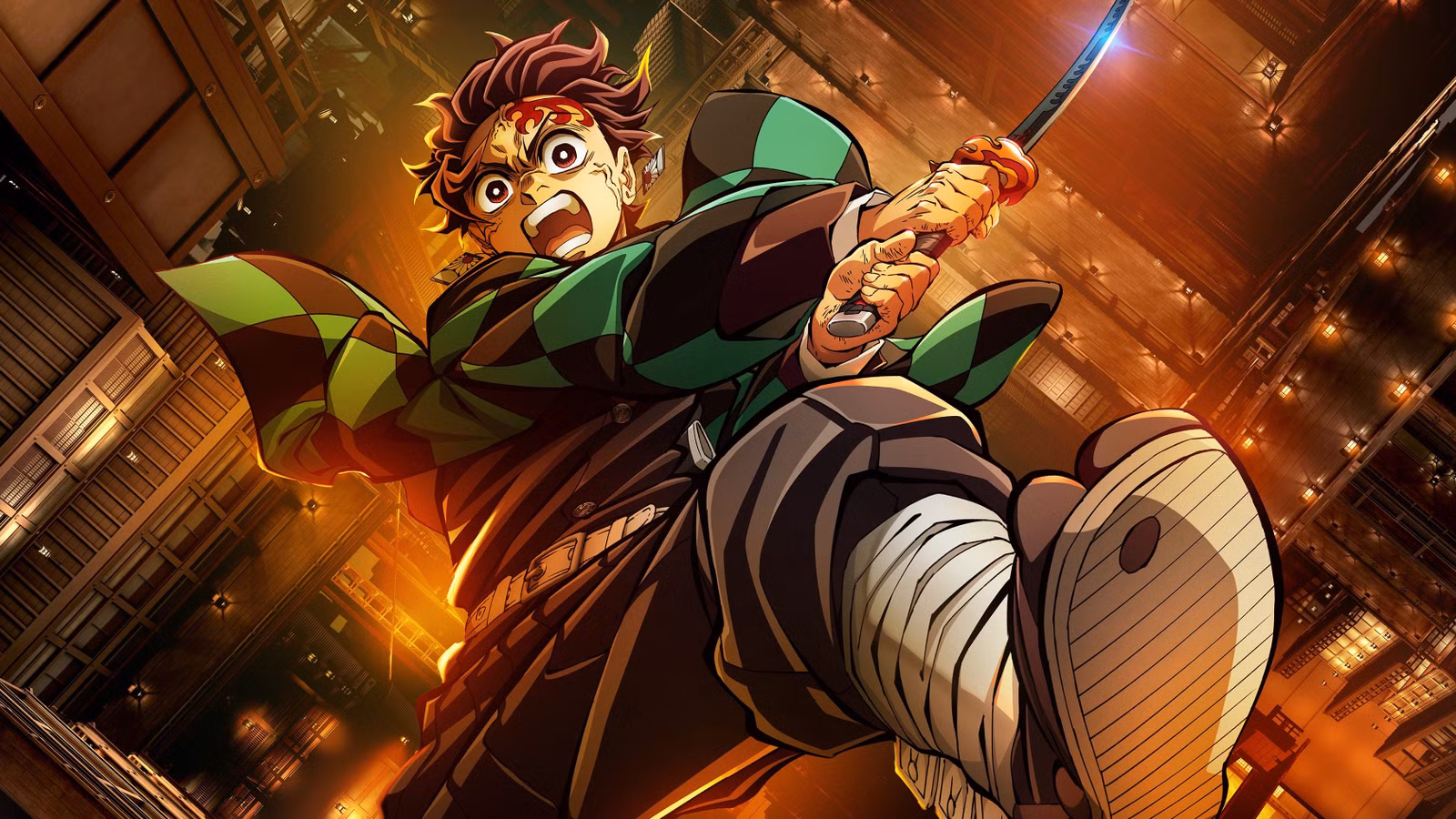 Tanjiro cai enquanto golpeia sua espada na arte principal de Demon Slayer: Infinity Castle