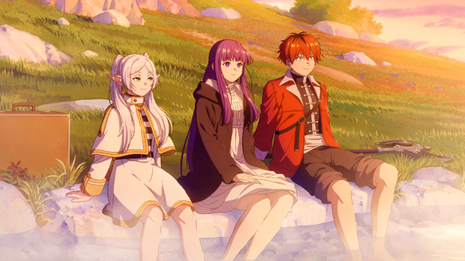 Cabeçalho da 2ª temporada de Frieren mostrando Frieren, Fern e Stark banhando os pés na água