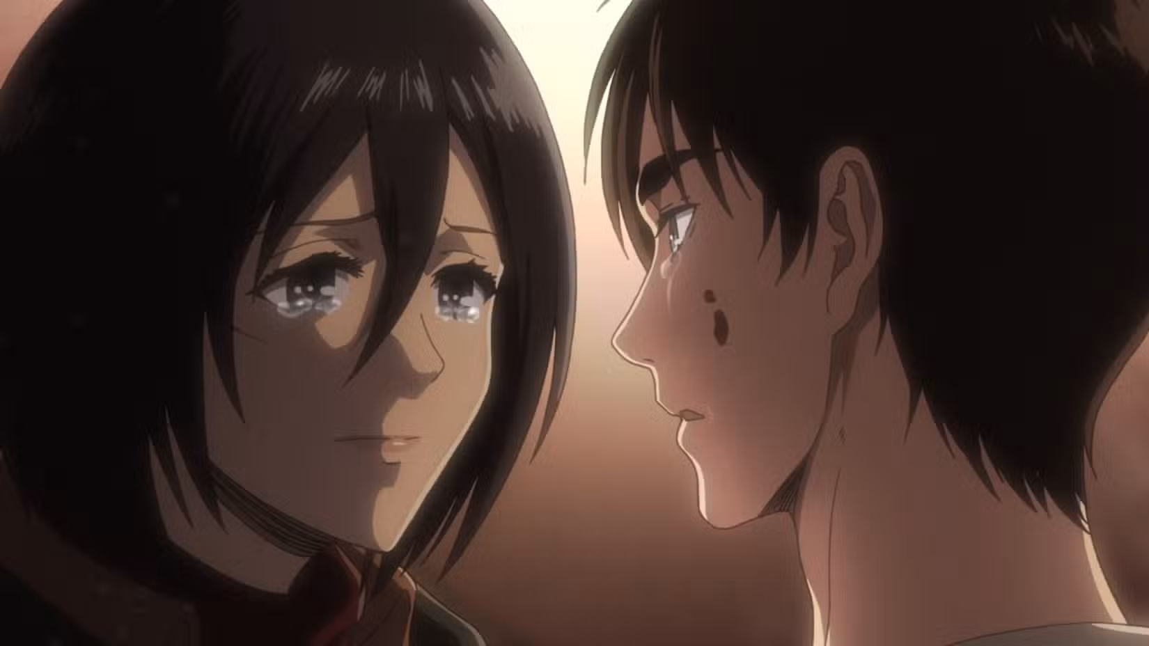 Mikasa e Eren dizem suas últimas palavras um ao outro diante da morte em Attack on Titan