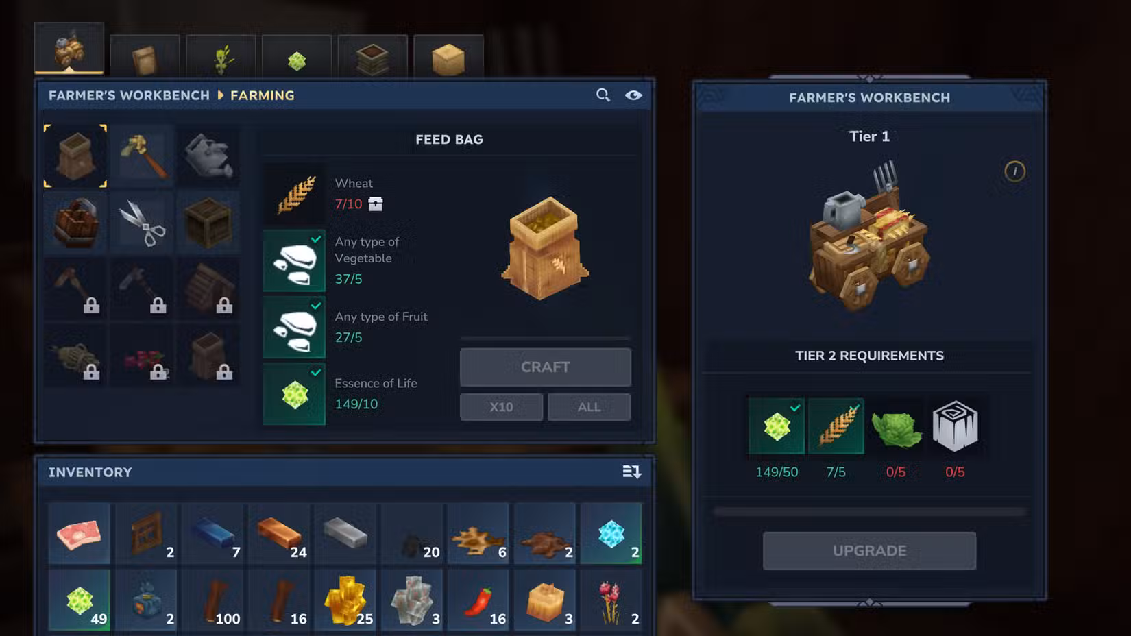 Um jogador cria um saco de ração em Hytale.