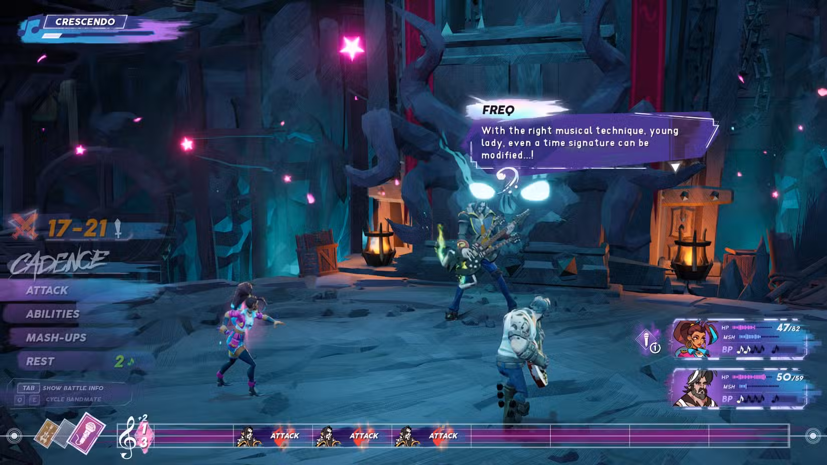 People of Note Freq luta contra o chefe, Freq está dizendo "Com a técnica musical certa, mocinha, até um compasso pode ser modificado!"