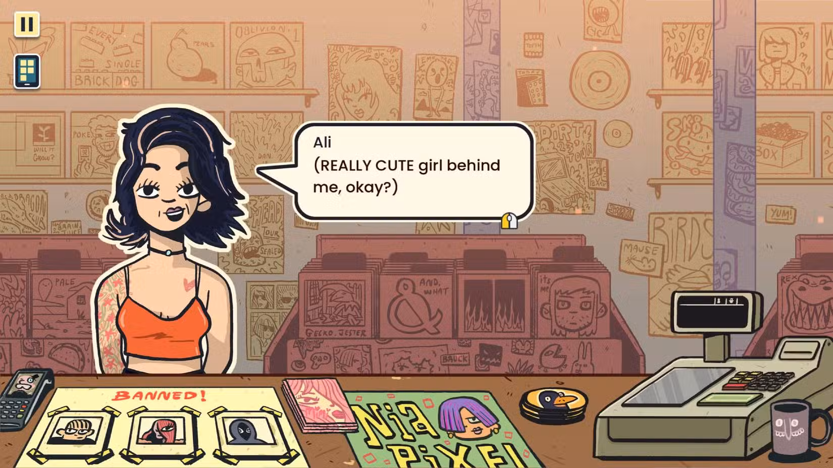 Uma captura de tela do Wax Heads onde um cliente chamado Ali explica que há um "garota muito fofa" atrás dela.