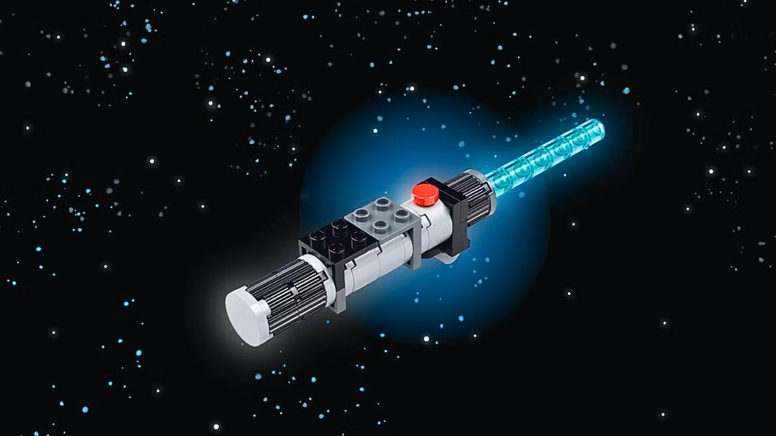 Uma foto da LEGO. Ele retrata um fundo preto estrelado, onde um sabre de luz fica bem no centro. É um sabre de luz LEGO, com uma tonalidade azul.