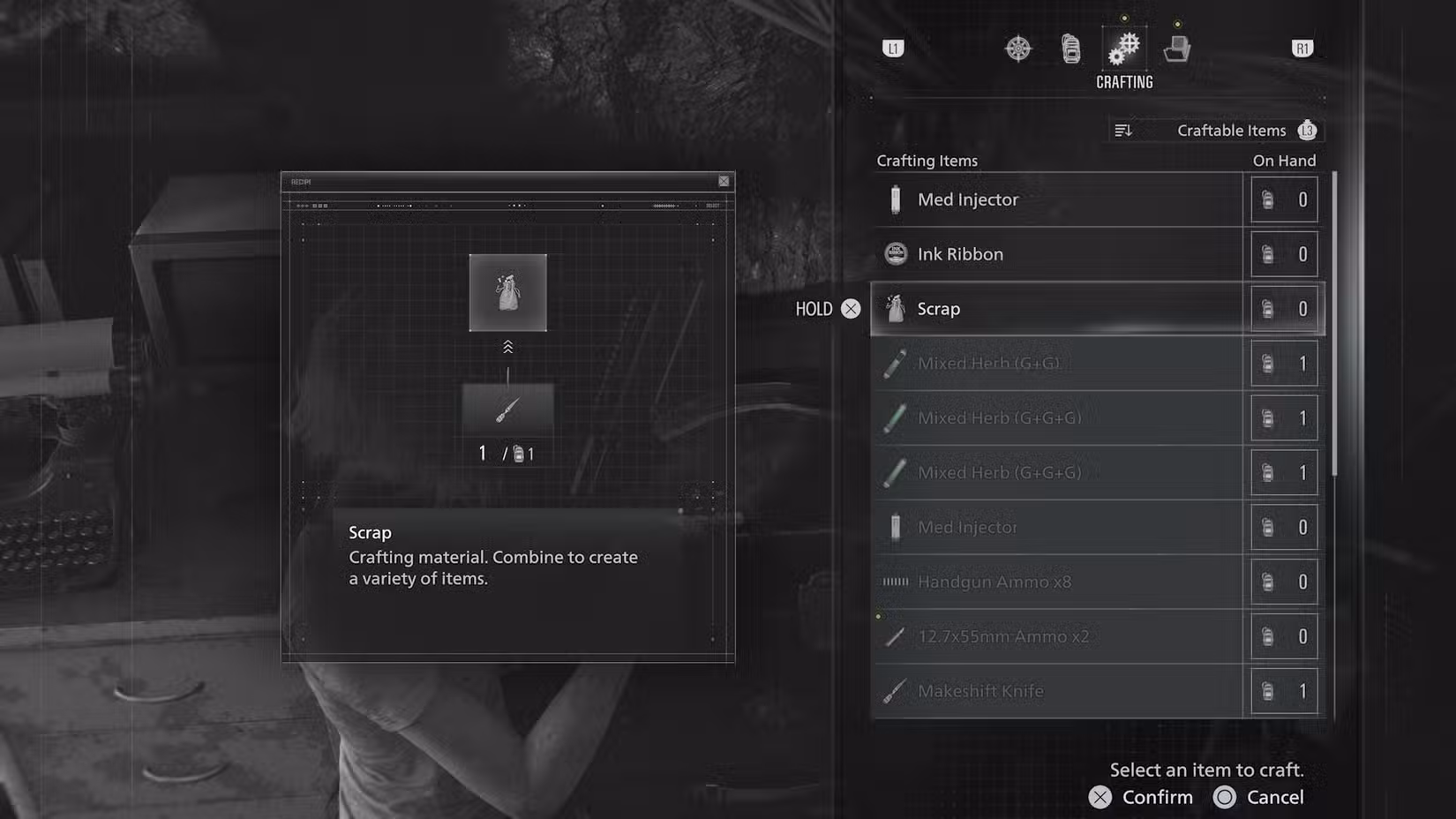 A tela do menu de elaboração em Resident Evil Requiem