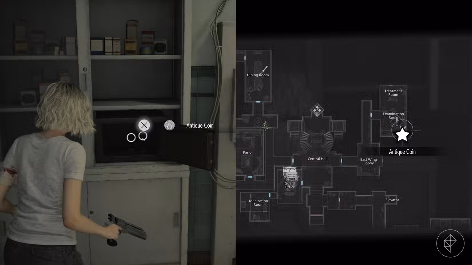 Uma montagem de duas imagens de Resident Evil Requiem mostrando a localização das moedas antigas número 18,19 e 20