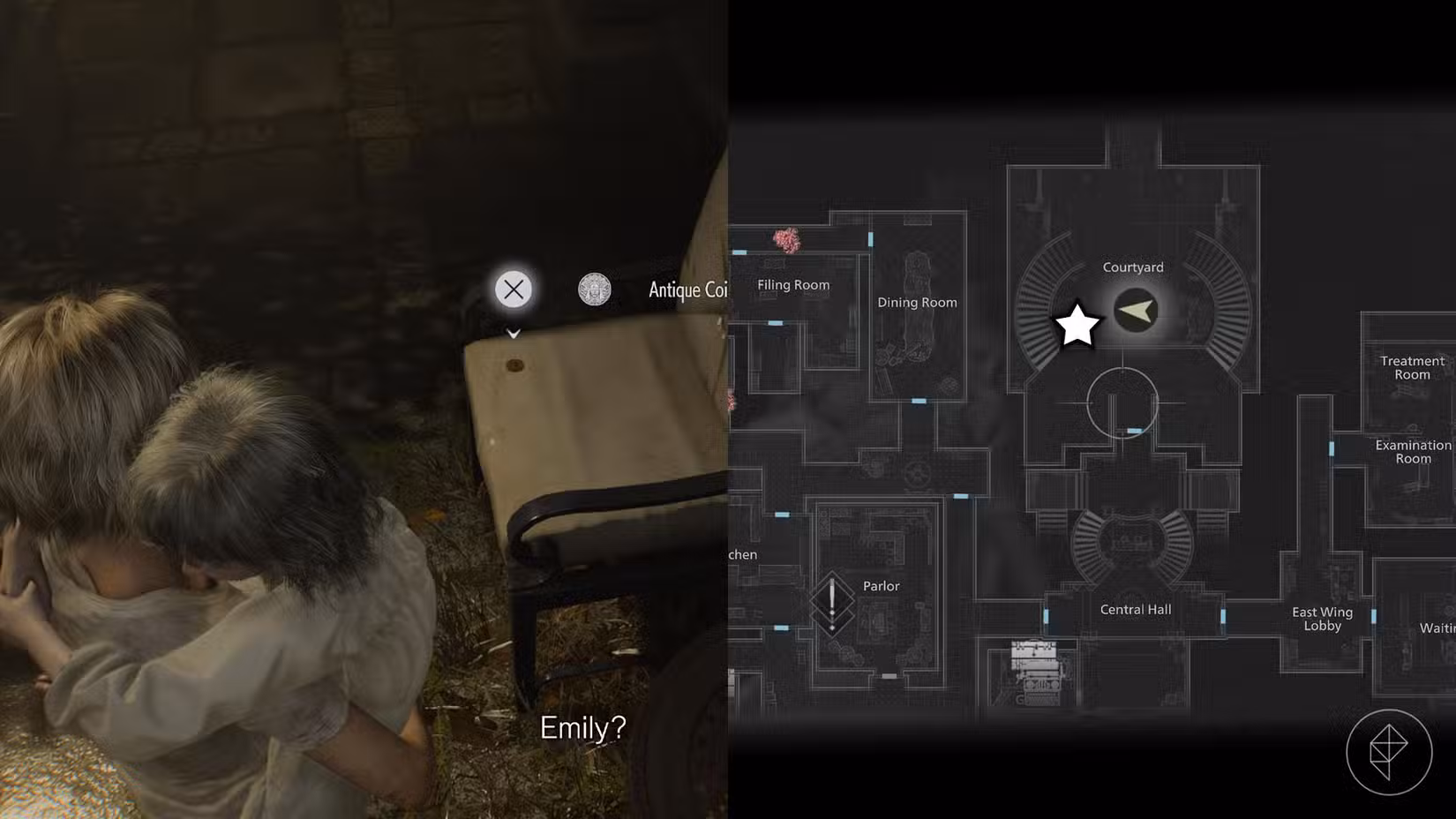 Uma montagem de duas imagens de Resident Evil Requiem mostrando a localização da Moeda Antiga número 21