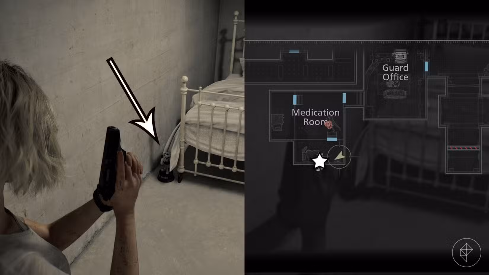 Uma montagem de duas imagens de Resident Evil Requiem mostrando a localização da estátua número 6 do Sr. Raccoon