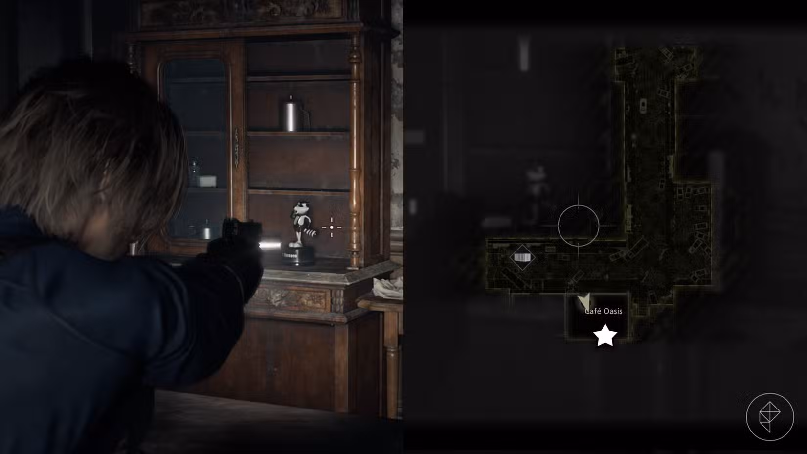 Uma montagem de duas imagens de Resident Evil Requiem mostrando a localização da estátua número 11 do Sr. Raccoon