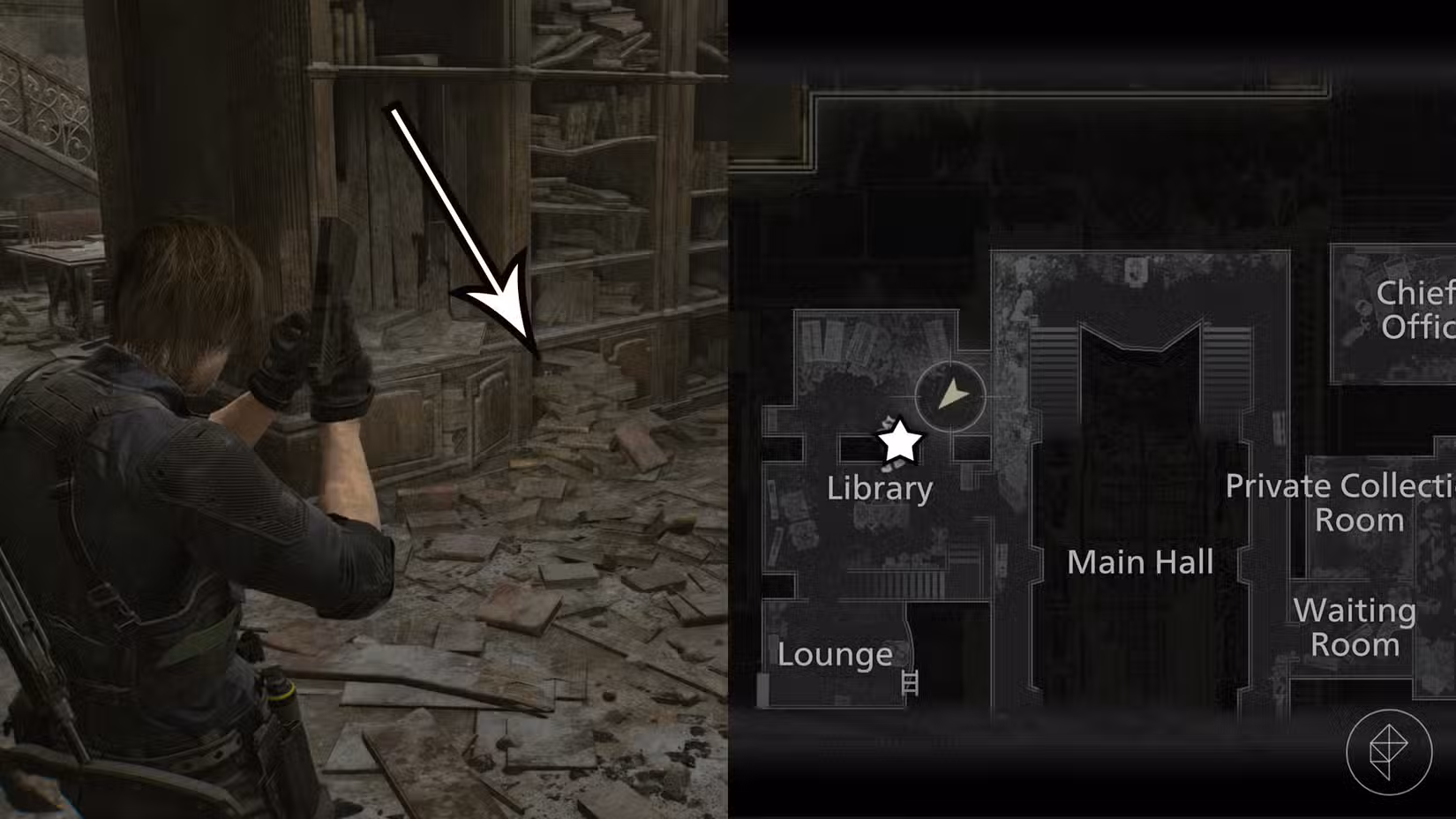 Uma montagem de duas imagens de Resident Evil Requiem mostrando a localização da estátua número 22 do Sr. Raccoon