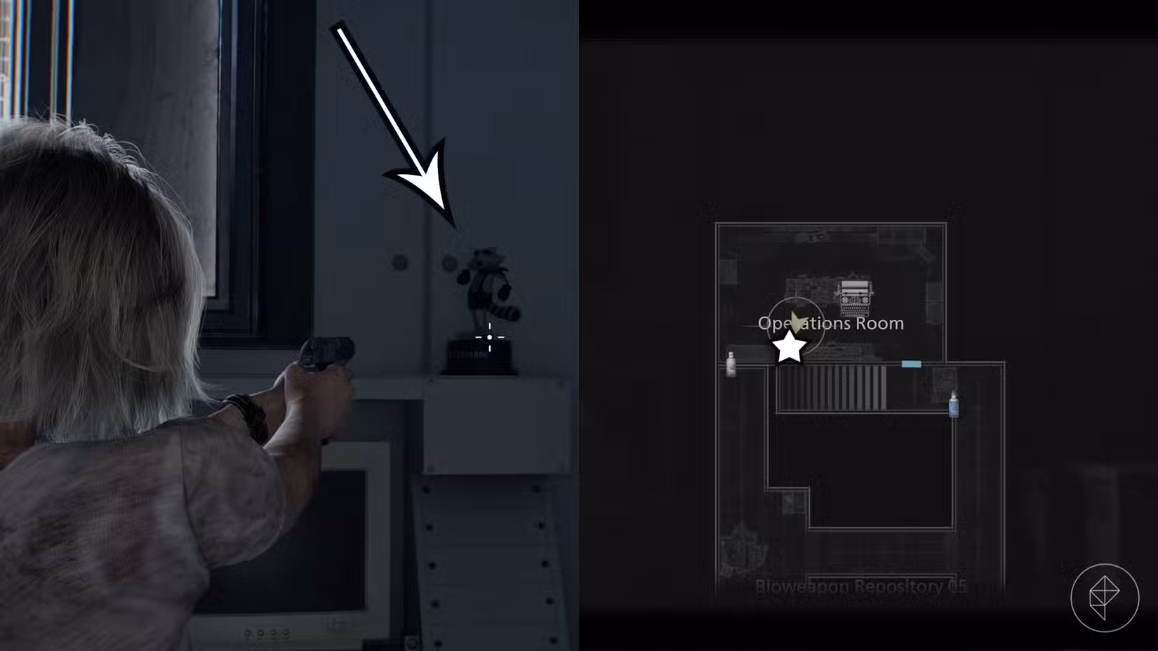 Uma montagem de duas imagens de Resident Evil Requiem mostrando a localização da estátua número 25 do Sr. Raccoon