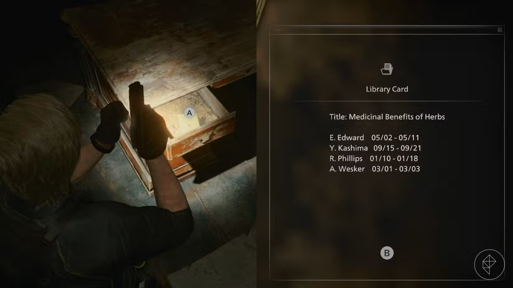 Um cartão de biblioteca encontrado dentro da mesa de Wesker em Resident Evil Requiem.