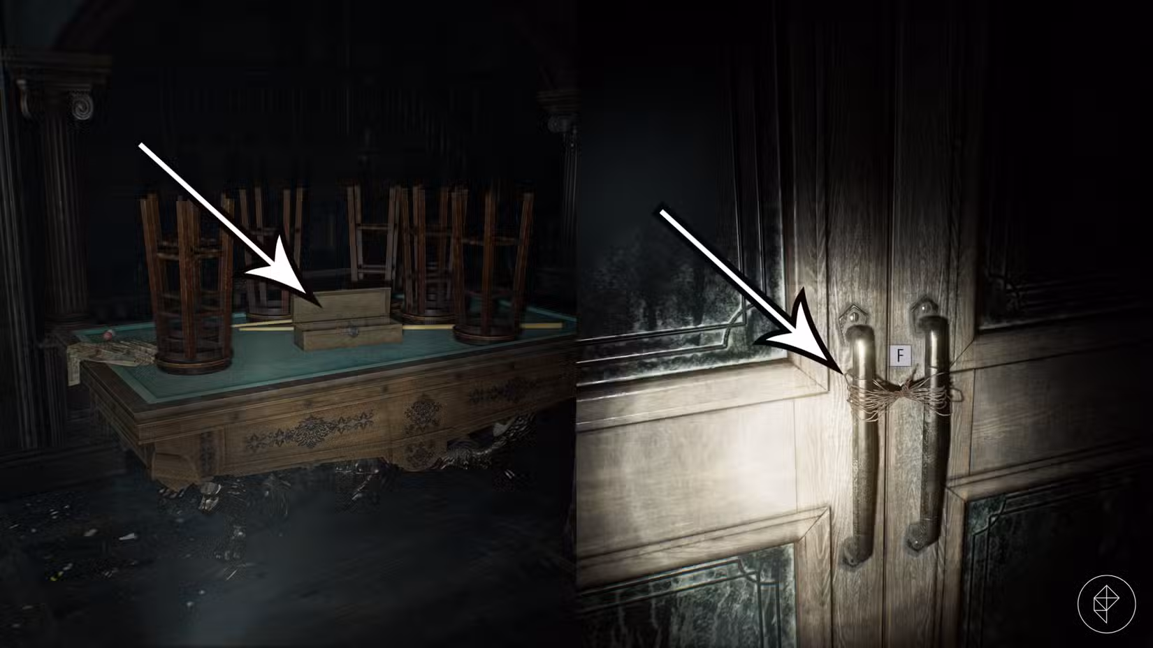 Uma caixa contendo alicate e uma porta bloqueada em Resident Evil Requiem.