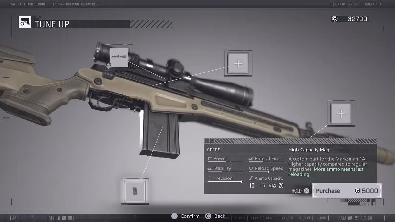 Uma captura de tela de Resident Evil Requiem mostrando a tela Tune Up onde os jogadores podem atualizar as armas de Leon