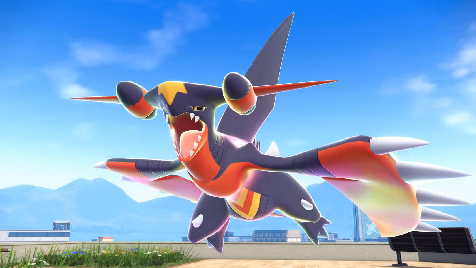 Mega Garchomp Z voando em uma captura de tela de Pokémon Legends ZA Mega Dimension