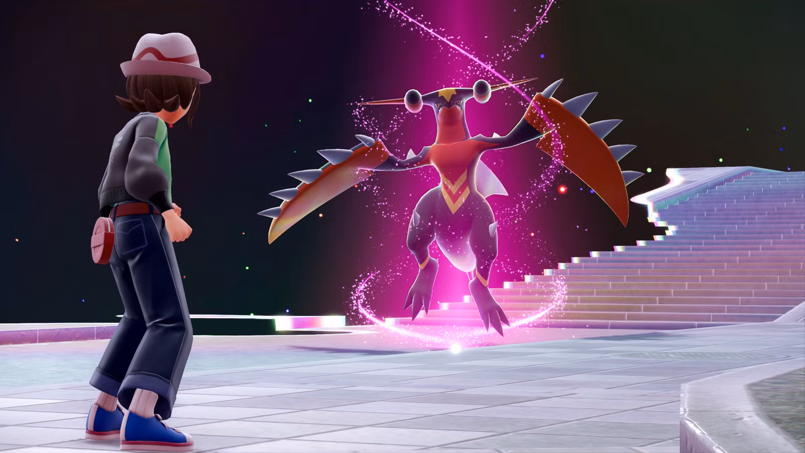 Um treinador enfrentando Mega Garchomp Z em uma captura de tela do DLC Mega Dimension de Pokémon Legends ZA