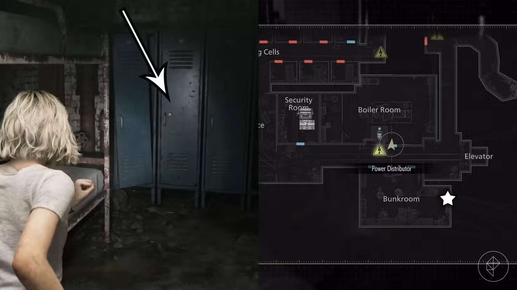 Uma montagem de duas imagens de Resident Evil Requiem mostrando o quarto local que requer um lockpick