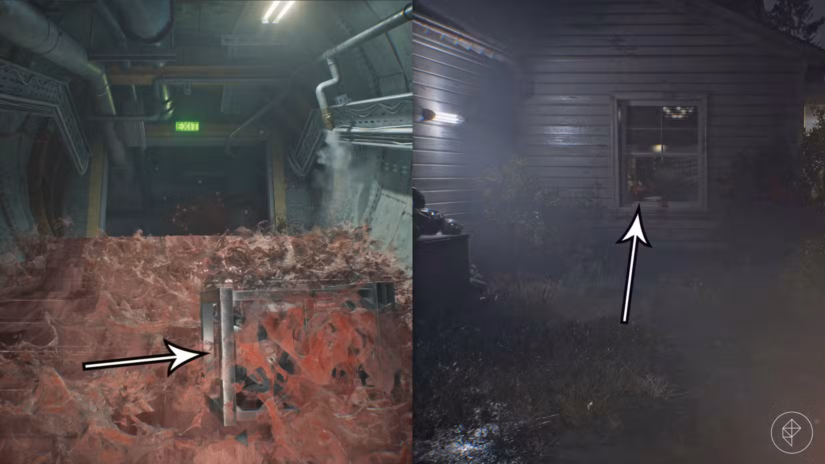 As setas apontam para um objeto caindo de uma escada ensanguentada e de uma janela ensanguentada em Resident Evil Requiem.