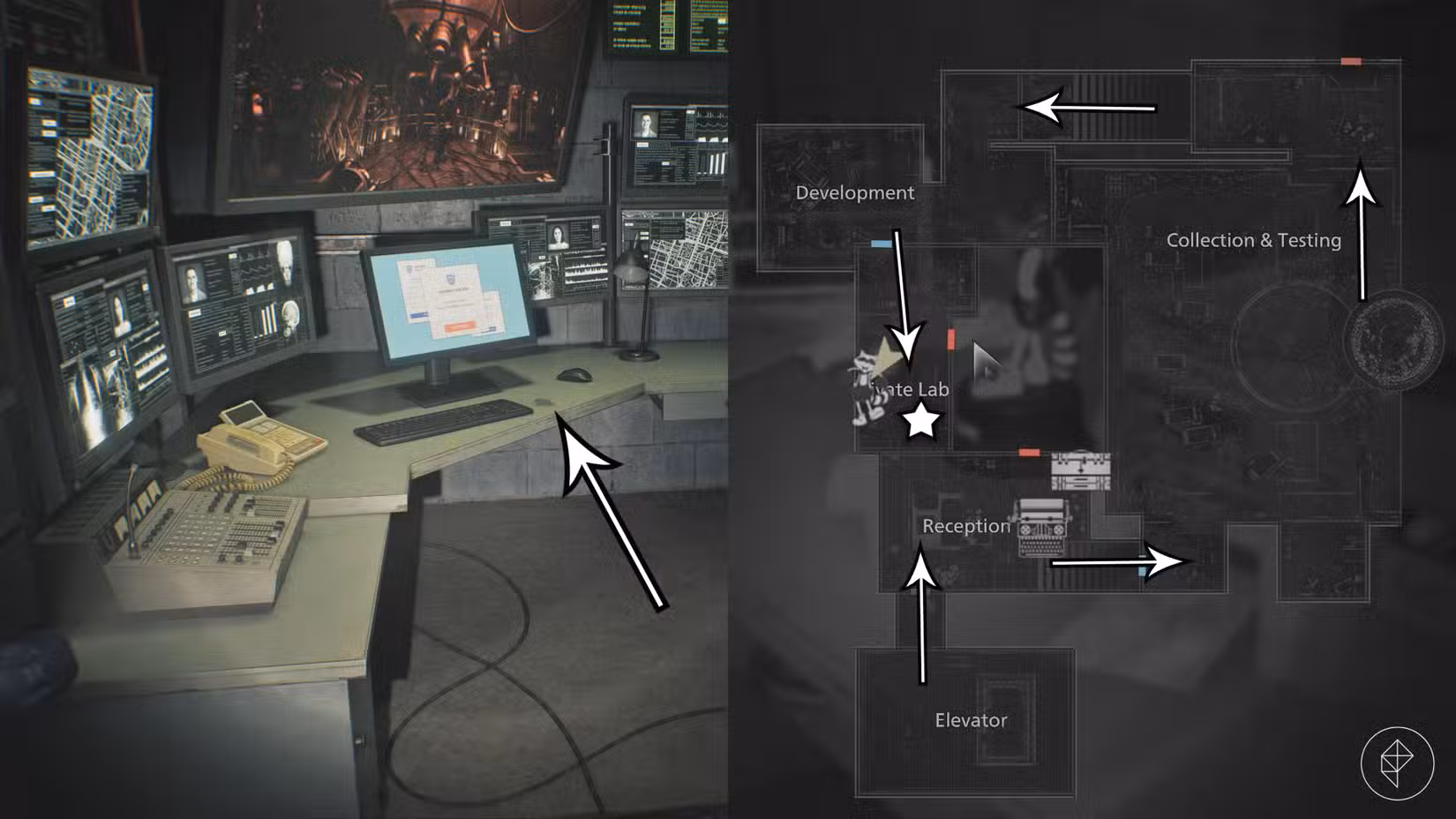 A rota através do laboratório subterrâneo no pátio e o local principal do helicóptero em Resident Evil Requiem.