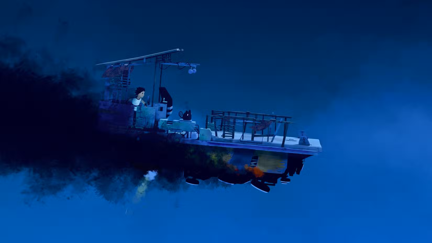 Lana e a criatura parecida com um gato Mui estão em uma nave em ruínas que está exalando fumaça preta em Planeta de Lana 2