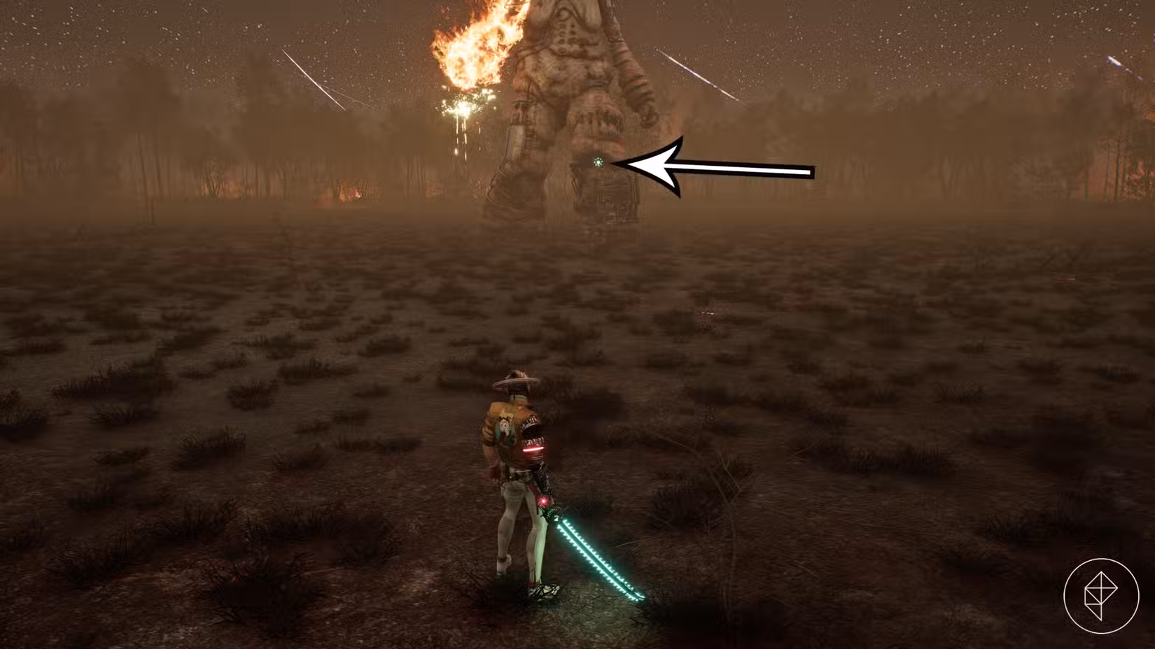 Uma seta aponta para um ponto fraco no chefe Everyday is Monday em Romeo Is A Dead Man.