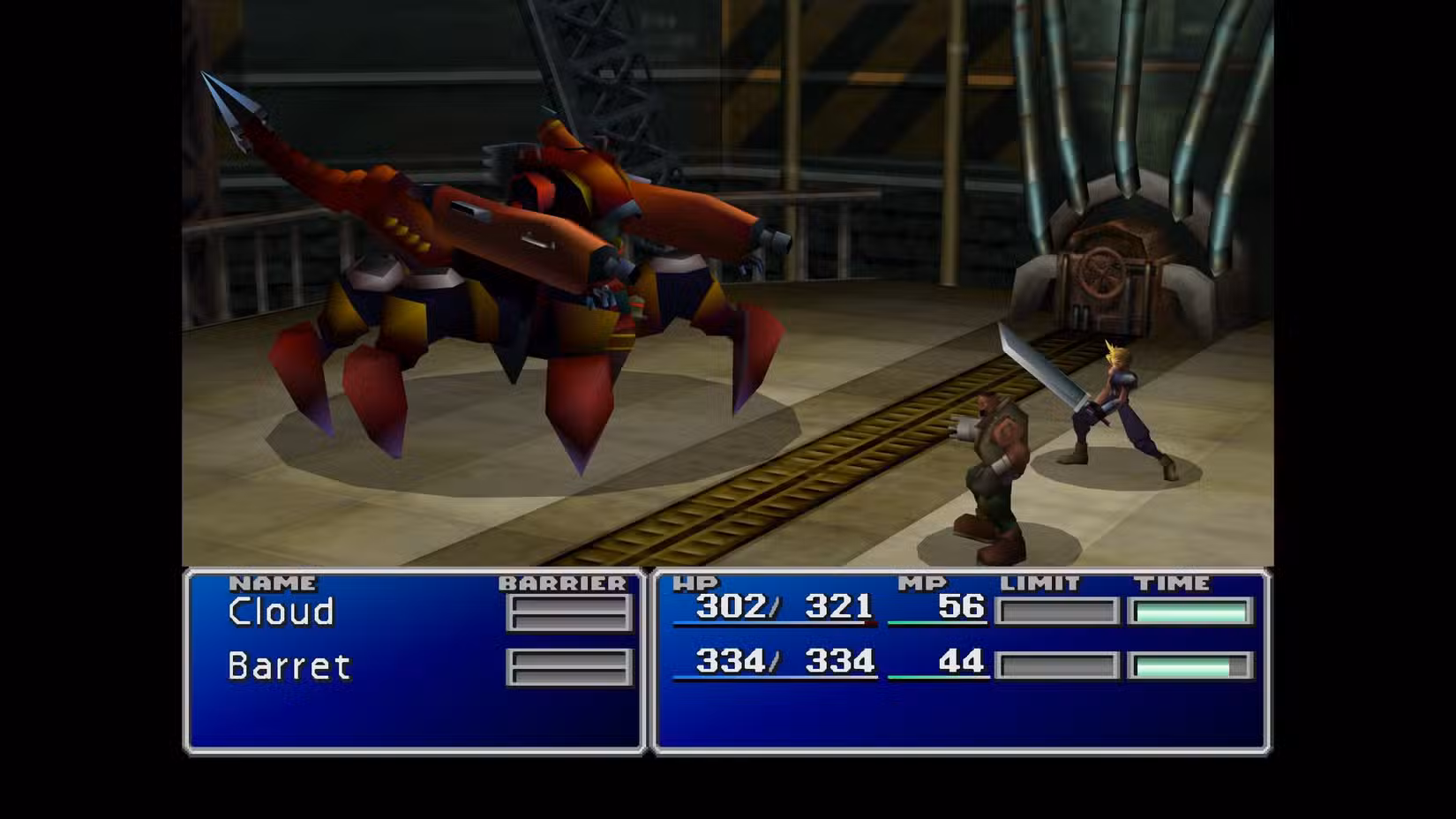 Batalha de Final Fantasy 7 com Cloud e Barret enfrentando um inimigo parecido com um caranguejo