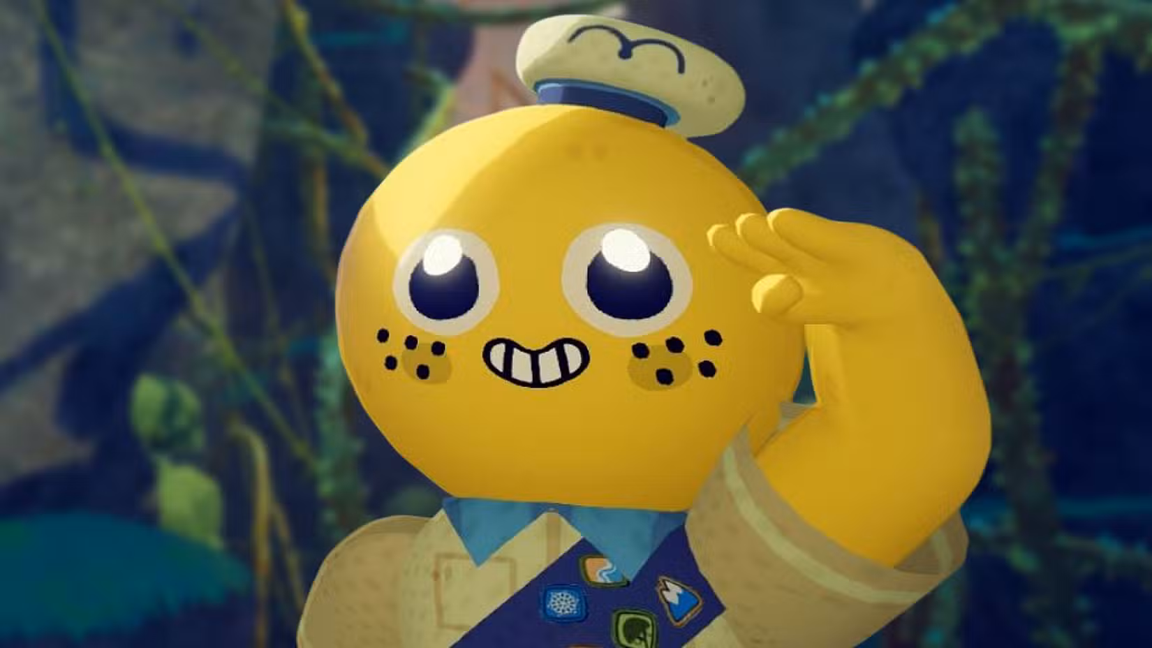 Um homem amarelo sorridente saúda em Peak