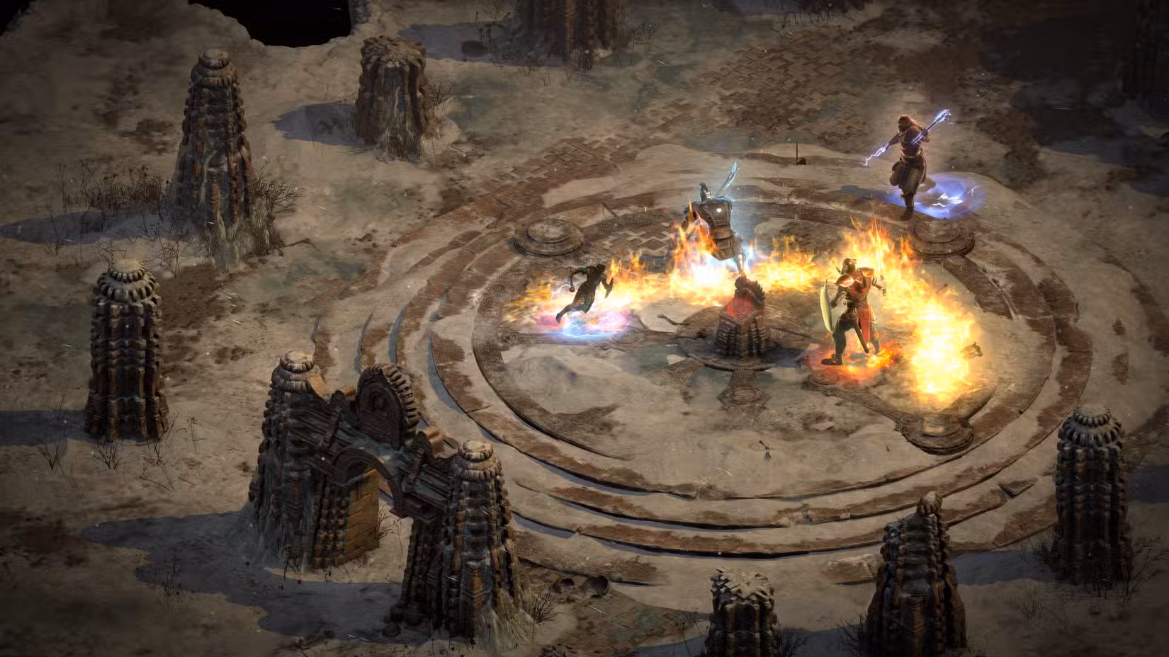 O Warlock avança e lança um feitiço de fogo em Diablo 2 Resurrected