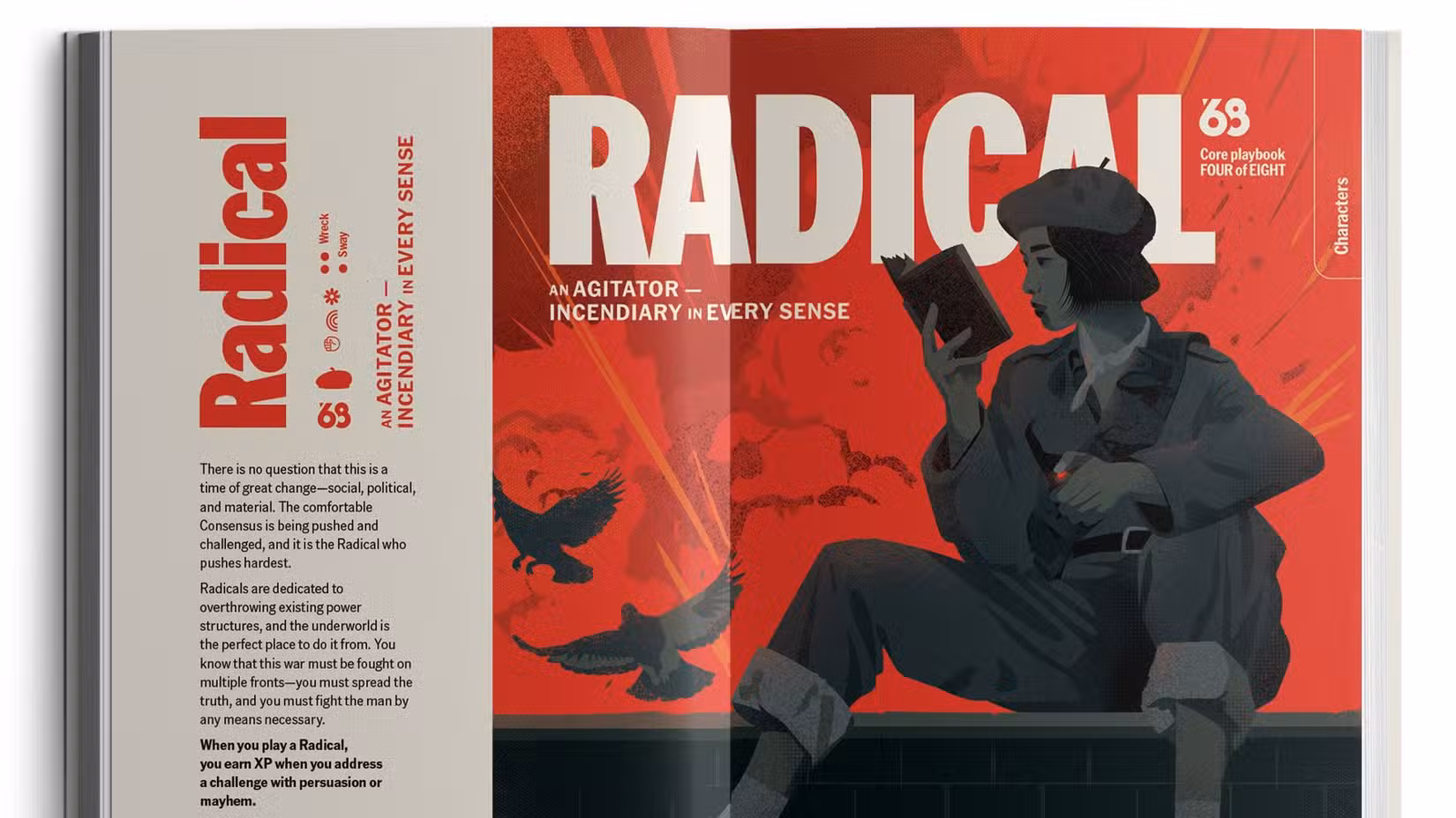 Uma mulher de cabelo curto e boina lê um livro sentada em um telhado segurando um detonador, com pombos voando atrás dela na arte de Blades '68