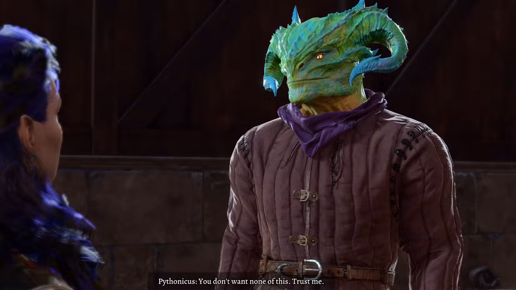 Um Dragonborn verde chamado Pythonicus diz ao personagem do jogador, "Você não quer nada disso. Confie em mim."