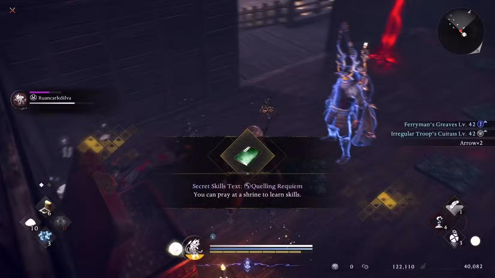 O jogador encontrando um texto de habilidades secretas em Nioh 3.