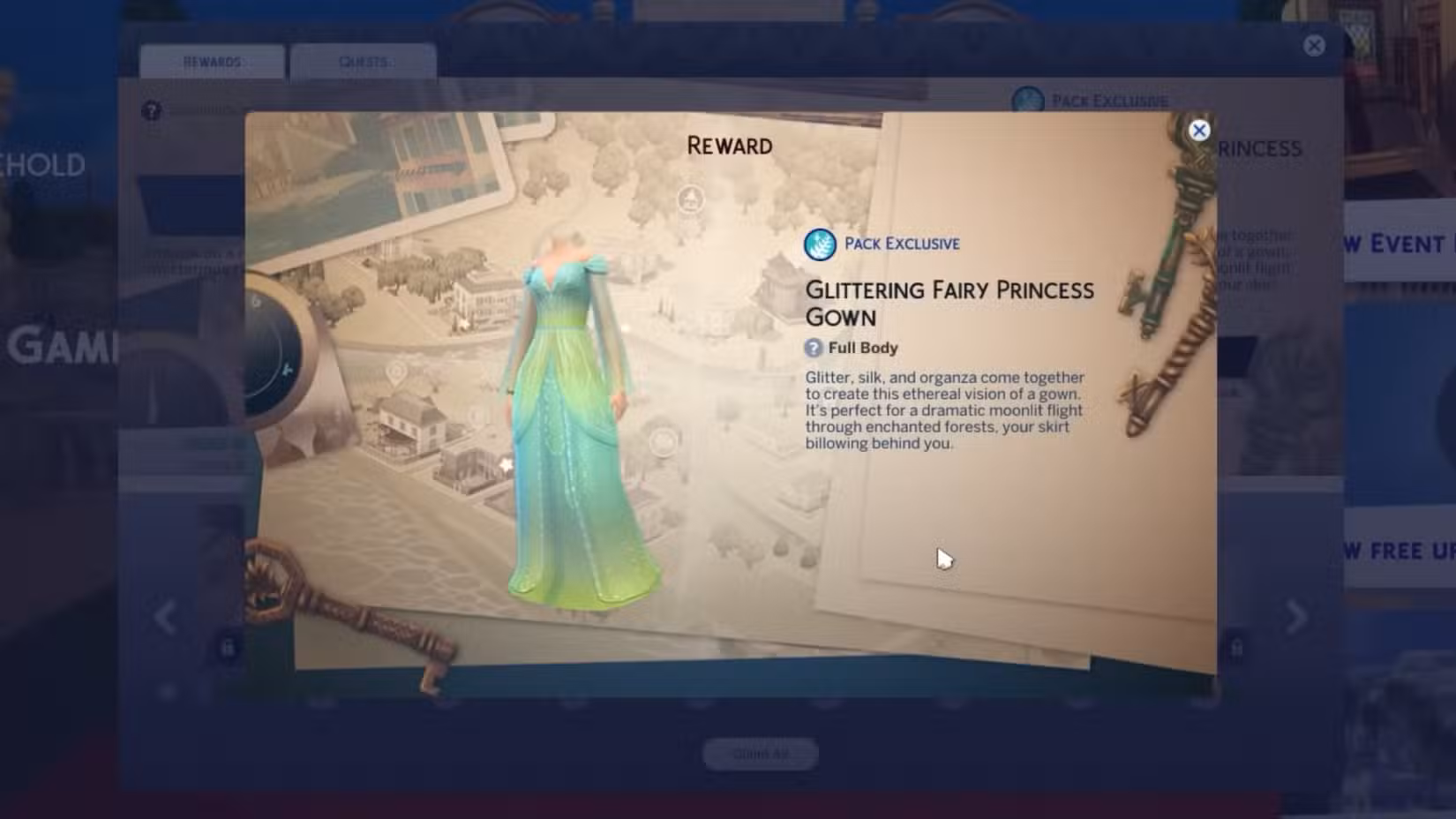 Um vestido verde-azulado e verde-limão até o chão chamado Glittering Fairy Princess Gown, conforme visto na lista de recompensas do evento Lost Legacies.