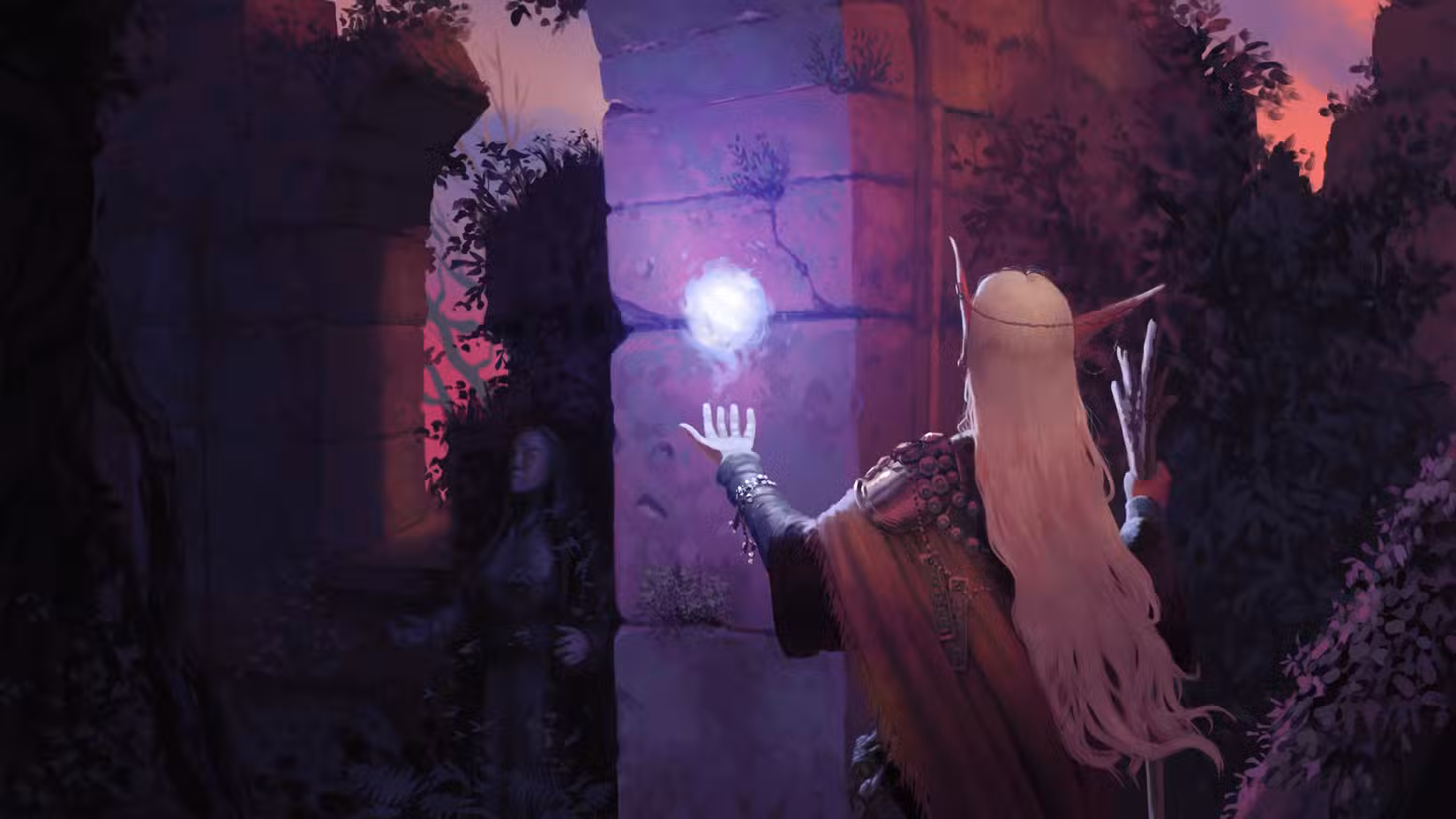 Um elfo segurando um cajado e conjurando uma bola de luz flutuante examina ruínas cobertas de vegetação na arte de Beyond the Woods