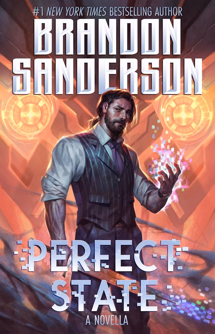A capa de Perfect State, de Brandon Sanderson, mostra Kai, um homem de meia-idade com barba e rabo de cavalo, vestindo calça, colete e gravata roxa e conjurando magia pixelizada enquanto segura uma espada pixelizada.