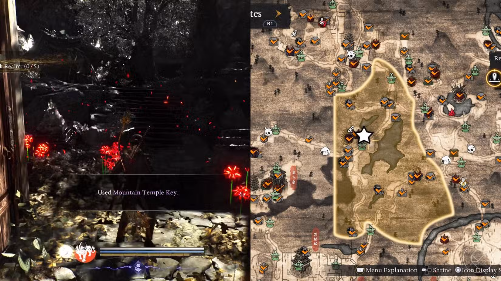 O lado esquerdo da imagem mostra o jogador usando a Chave do Templo da Montanha para abrir o portão trancado na Colina Hamamatsu que leva à base inimiga, enquanto o lado direito mostra o local marcado no mapa do jogo com uma estrela.