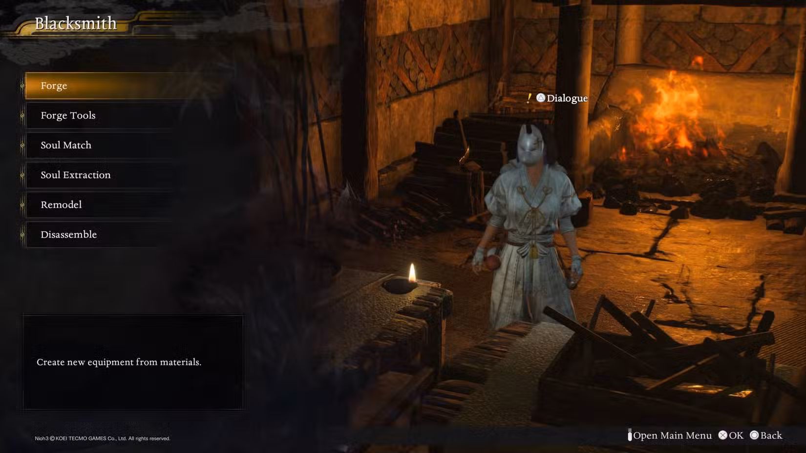 As opções do menu ao falar com o ferreiro em Nioh 3.