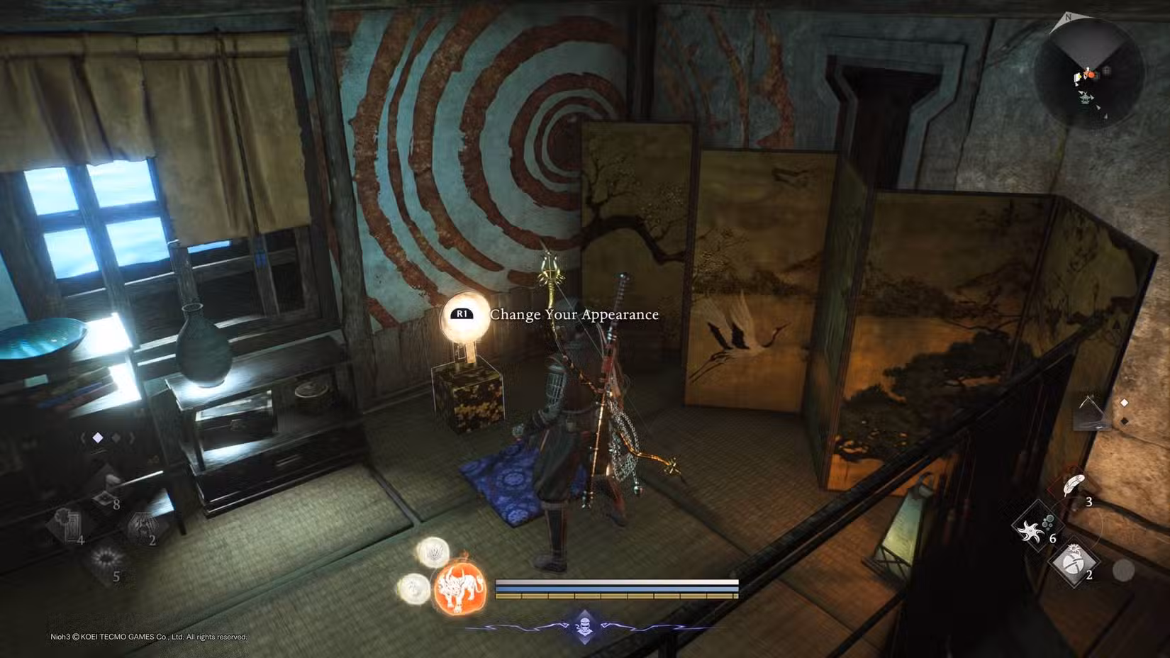 O jogador em frente ao espelho para mudar de aparência em Nioh 3.