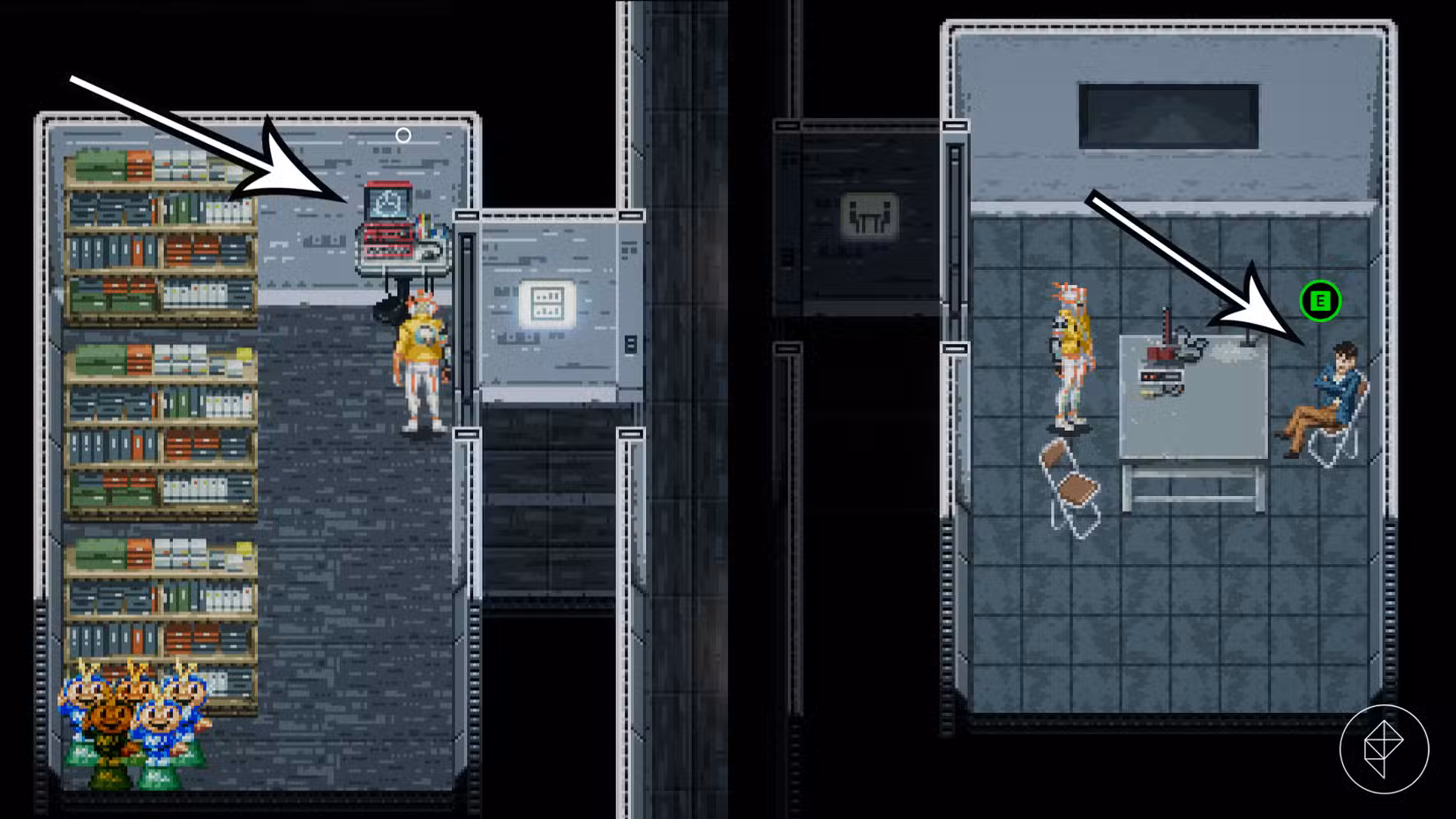 As setas apontam para a loja do jogo em Romeo Is A Dead Man e o local do teste.