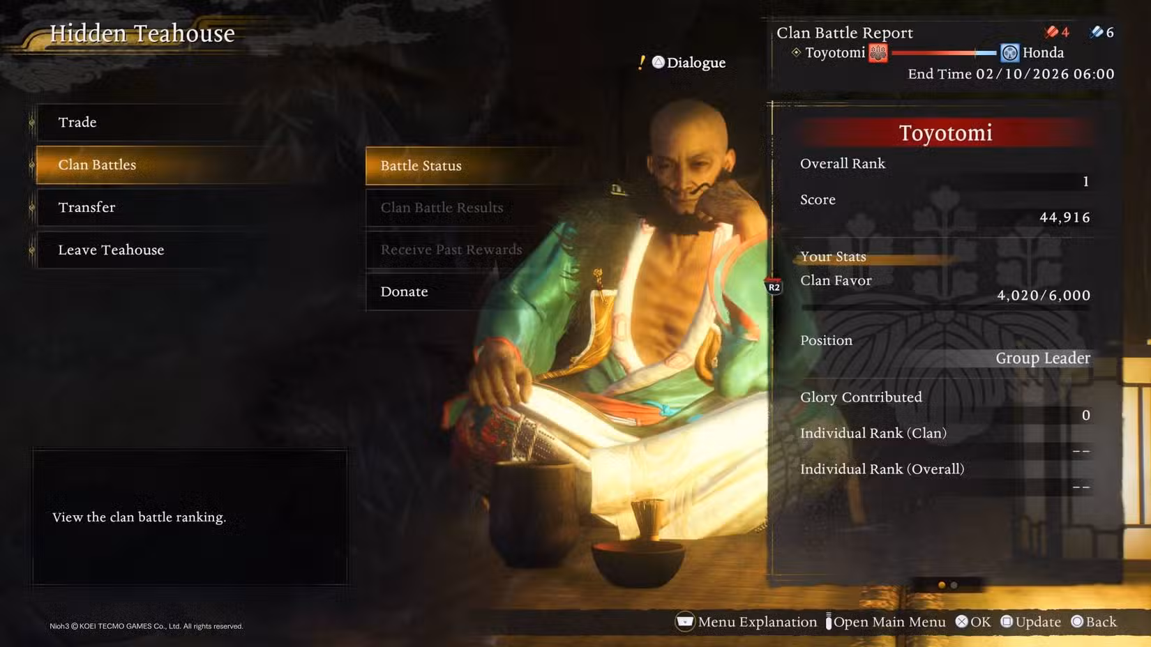 O menu mostrando as batalhas de clãs na casa de chá escondida em Nioh 3.