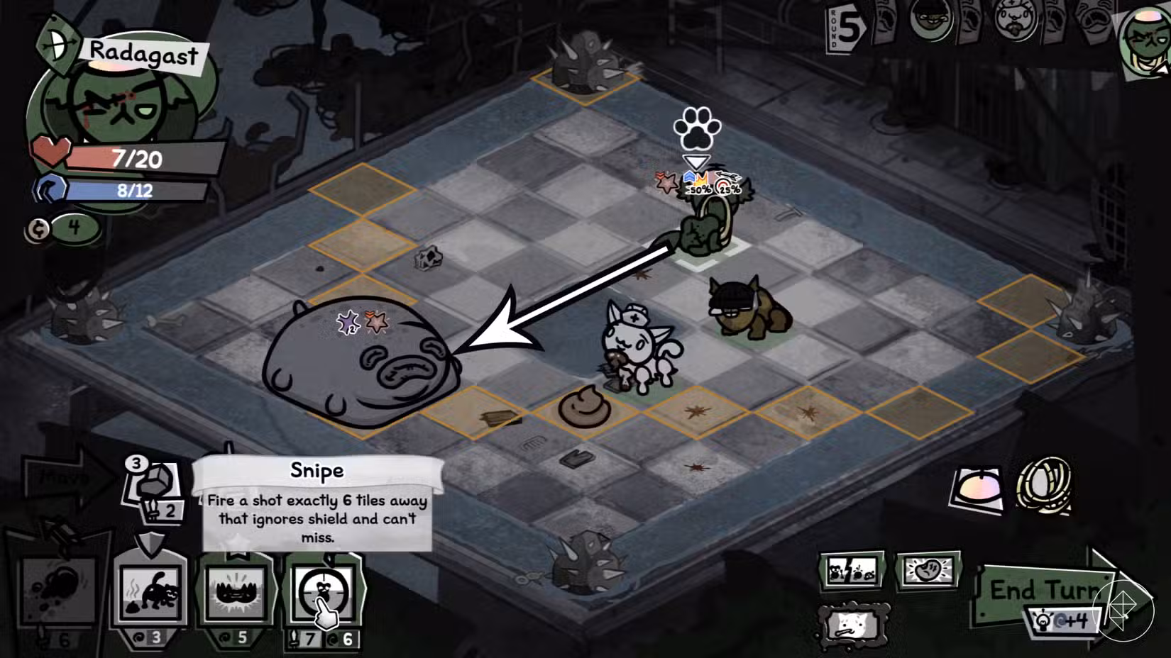 Três gatos estão lutando contra Boris, o chefe dos Esgotos em Mewgenics.