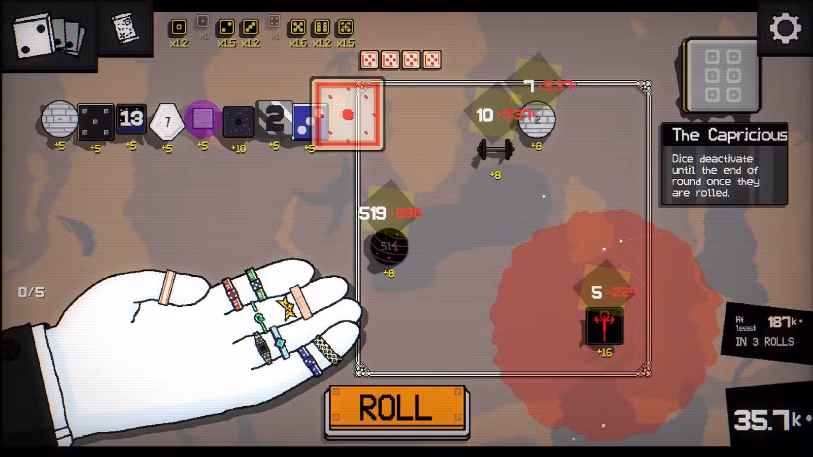 Os dados são lançados durante um Dice a Million Boss, The Capricious, que desativa os dados até o final da rodada.